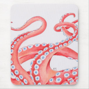 Mousepad Octopus Watercolor Vermelho