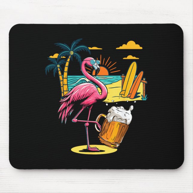Mousepad Óculos de Sol Flamingo Bebendo Cerveja na Praia En (Frente)