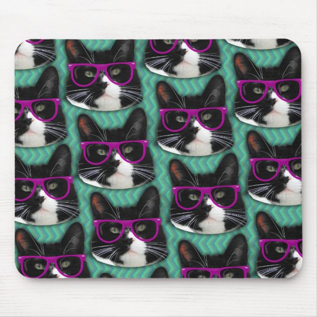 Mousepad Óculos Engraçados Padrão de Gato Tuxedo (Frente)