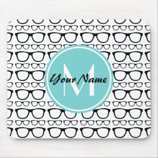 Mousepad Óculos Pretos Monogramados Nome Personalizado Aqua