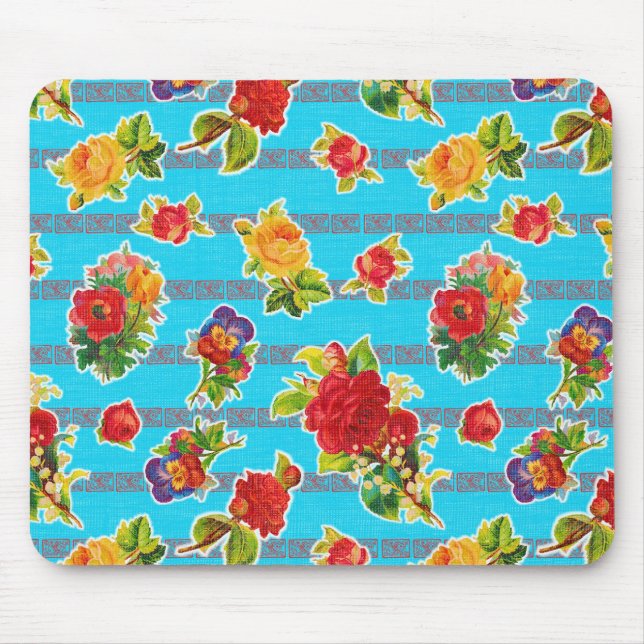 Mousepad Oilcloth inspirado mexicano - flores de turquesa (Frente)