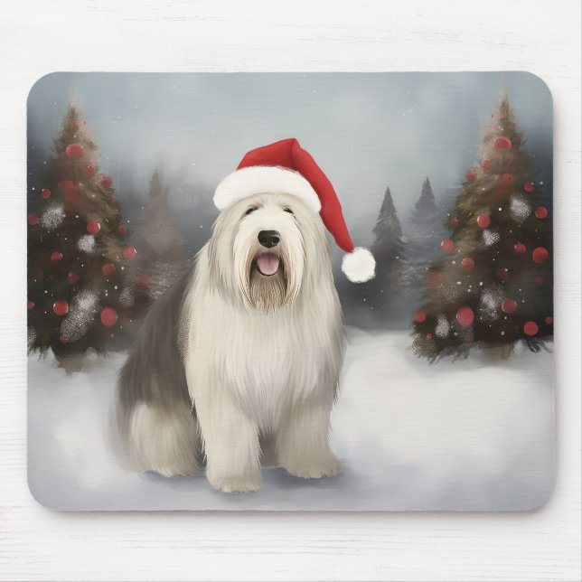 Mousepad Old English Sheepdog na neve de Natal (Frente)