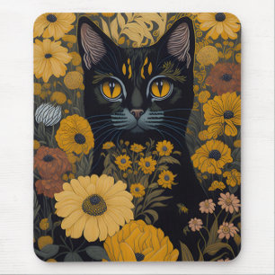 Mousepad Olhos Amarelos de Gato Negro Flores de Vintagem #2
