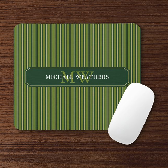 Mousepad Olive & Dark Green Stripes Your Name and Initials (Criador carregado)