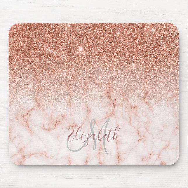 Mousepad Ombre Glitter Rosa Trendy Marble Monograma Dourado (Frente)