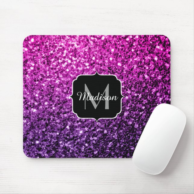 Mousepad Ombre Rosa Roxo Monograma brilho falso (Com mouse)