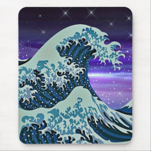Mousepad Onda Azul de Tsunami com Estrelas e Arte Japonesa