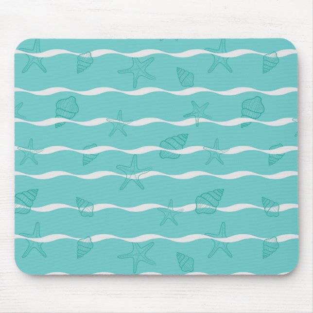 Mousepad Ondas de Oceano Azul Turquesa Claro e Conchas Mari (Frente)