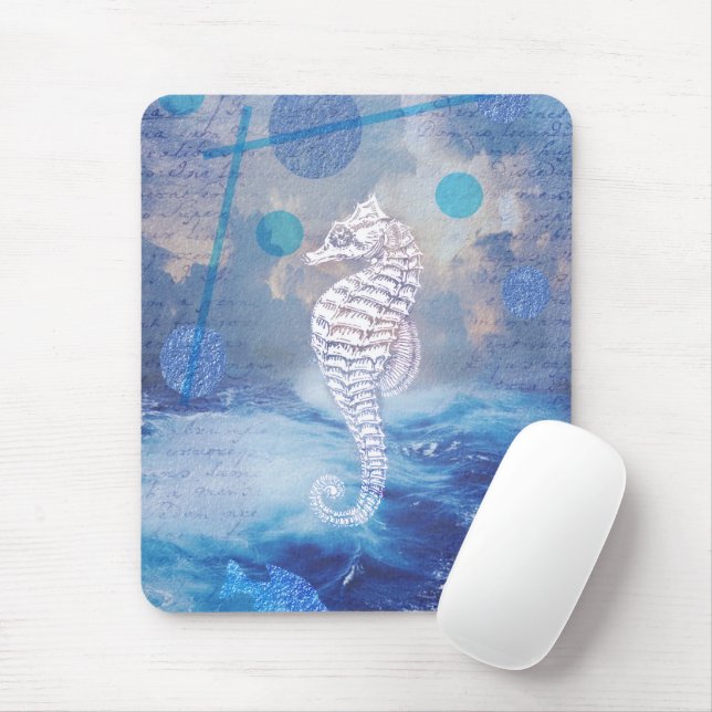 Mousepad Ondas do Oceano Azul Elegante Vintage (Com mouse)