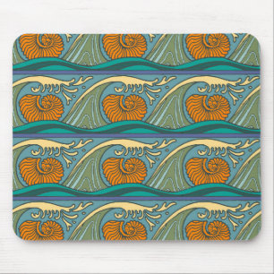 Mousepad Ondas do Oceano Azul Padrão de Concha de Nautilus