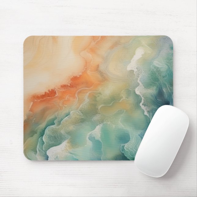 Mousepad Ondas do Oceano na Praia Teal Aqua Areia Laranja  (Com mouse)