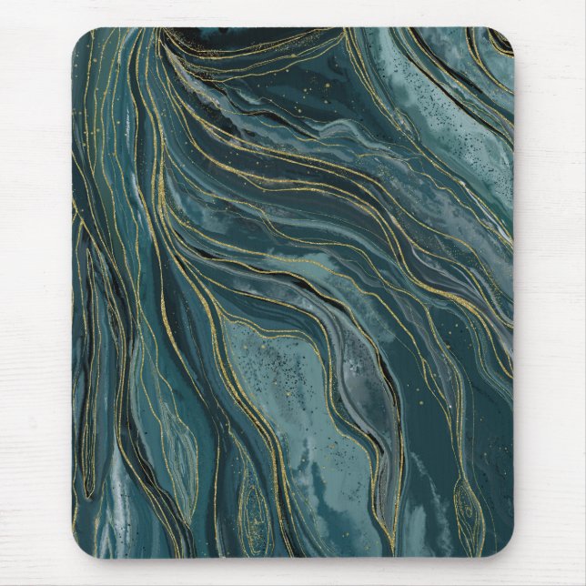Mousepad Ondas Douradas De Abstrato Azul E Azul (Frente)