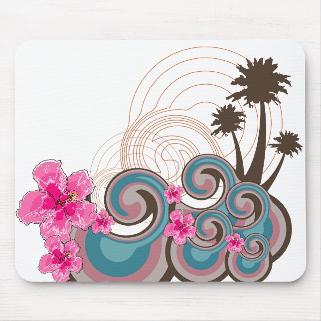 Mousepad Ondas Tropicais Rosa Quente Hibiscus Beach Palm Tr (Frente)