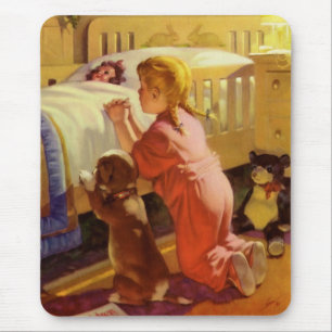 Mousepad Orações do tempo de cama, Menina com Filhote, Re