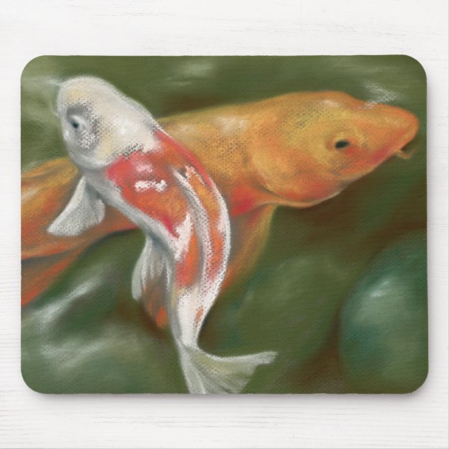 Mousepad Orange and White Koi with Mossy Stones Pastel Art (Frente)