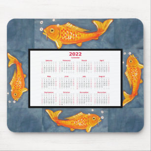 Mousepad Orange Koi Fish Art Blue Pond Water 2022 Calendar