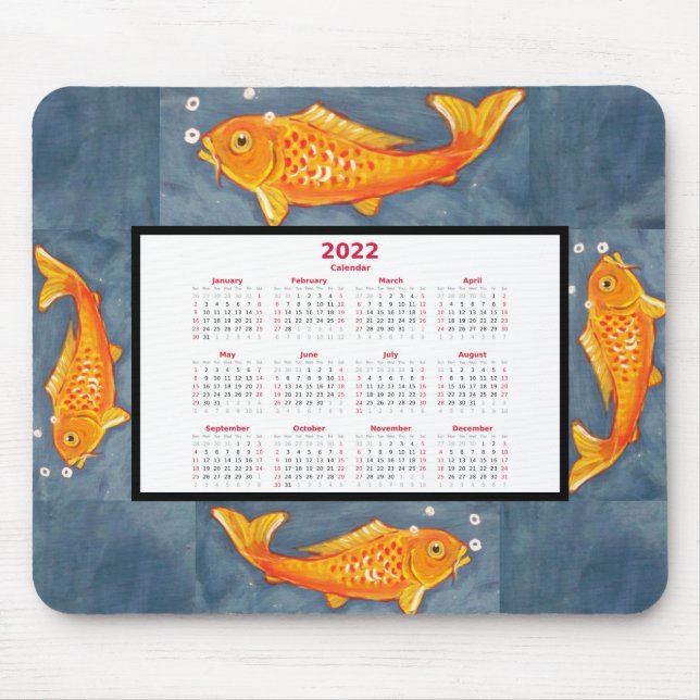 Mousepad Orange Koi Fish Art Blue Pond Water 2022 Calendar (Frente)