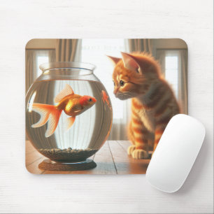 Mousepad Orange Tabby Staring At a Goldfish