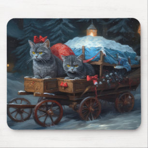 Mousepad Oriental Blue Cat Snowy Sleigh Decência de Natal