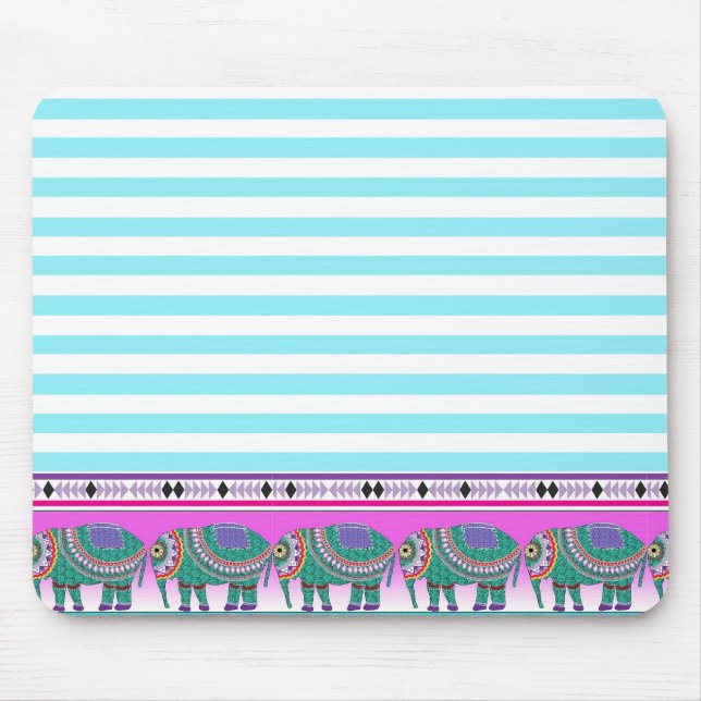 Mousepad Ornamentado Elefantes Aqua Striped Trendy (Frente)