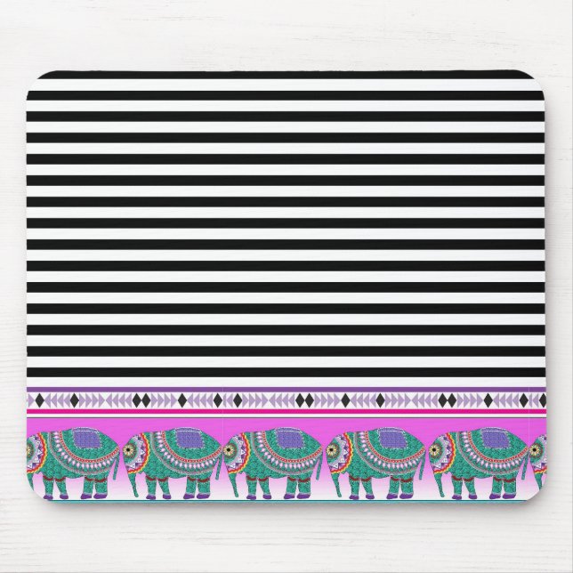 Mousepad Ornamentado Elefantes Black Striped Trendy (Frente)