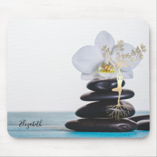 Mousepad Orquídea Branca,Silhueta da Árvore Dourada,Pedras 