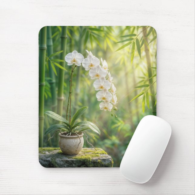 Mousepad Orquídeas Brancas e Bambu (Com mouse)