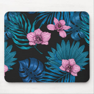 Mousepad Orquídeas e palmeiras, cor-de-rosa e azul sobre pr