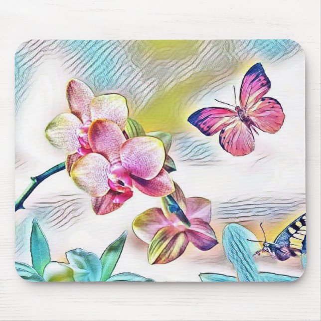 Mousepad Orquídeas, flores e borboletas cor-de-rosa (Frente)
