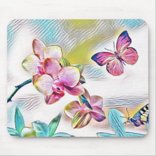 Mousepad Orquídeas rosa flores e borboletas