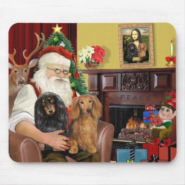 Mousepad Os Dois Dachshunds de Cabelo Longo do Papai Noel (Frente)