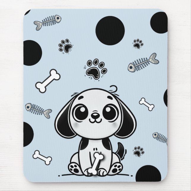 Mousepad Ossos de Peixe Azul e Preto Cachorro Fofinho Escri (Frente)