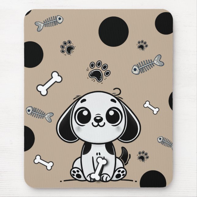 Mousepad Ossos de Peixe Marrom e Preto Cachorro Fofinho Esc (Frente)