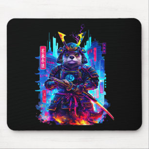 Mousepad Otter Katana Ciberpunk Neon Samurai Arte Japonês