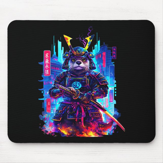 Mousepad Otter Katana Cyberpunk Neon Samurai Japanese Art  (Frente)
