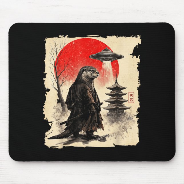 Mousepad Otter Samurai Retro Ufo Japanese Warrior Art Graph (Frente)