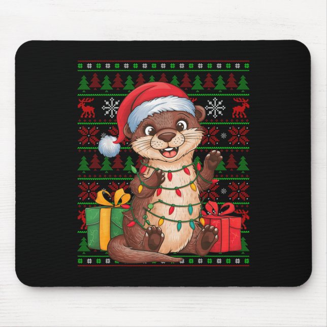 Mousepad Otter Xmas Lights Ugly Santa Hat Otter Christmas  (Frente)