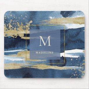 Mousepad Ouro abstrato elegante do azul com monograma
