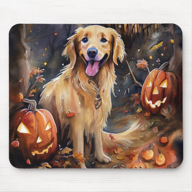 Mousepad Ouro De Halloween Retriever Com Pumpkins Assustado (Frente)