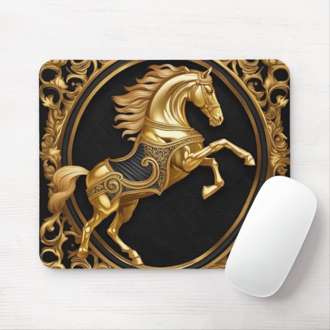 Mousepad Ouro Dourado de cavalo e armação ornamental negra (Com mouse)