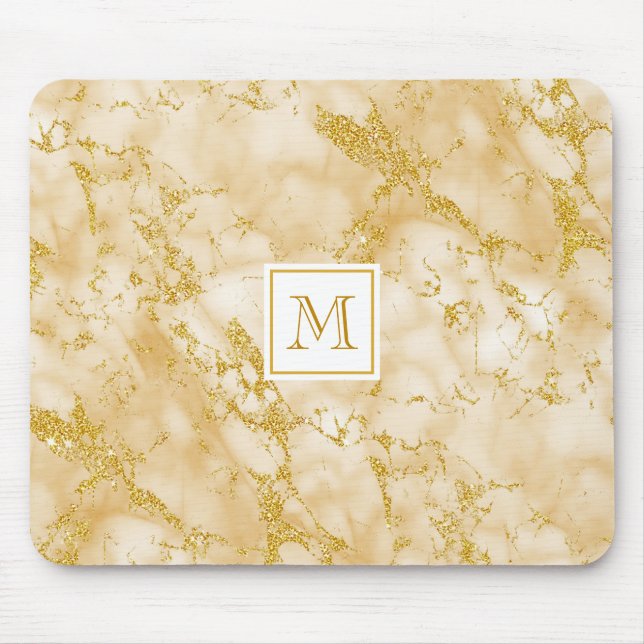 Mousepad Ouro Elegante Mármore Monograma Faux Glitter Doura (Frente)