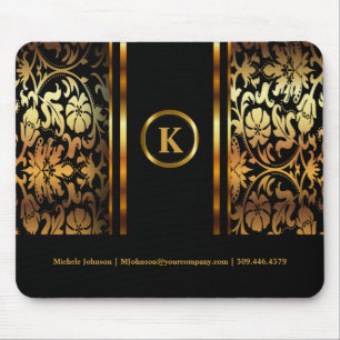 Mousepad Ouro escuro do monograma & damasco floral preto