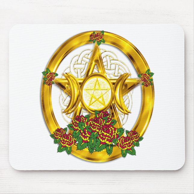 Mousepad Ouro pagão do Pentacle de Wiccan com rosas (Frente)