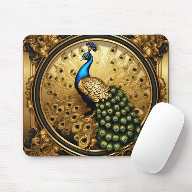 Mousepad Ouro pavão e quadro ornamental negro (Com mouse)