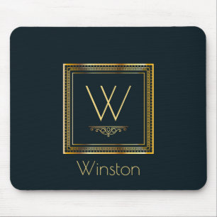 Mousepad Ouro personalizado de monograma em azul escuro