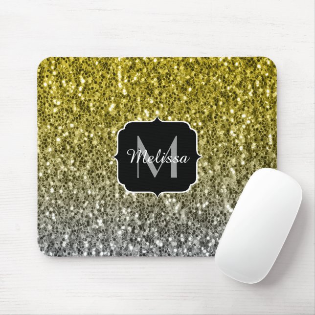 Mousepad Ouro prateado faíscas escuras brilho ombre Monogra (Com mouse)
