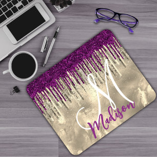 Mousepad Ouro quico, monograma com brilho roxo rosa quente