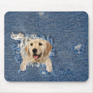 Mousepad ouro recuperável em buraco de jeans azul