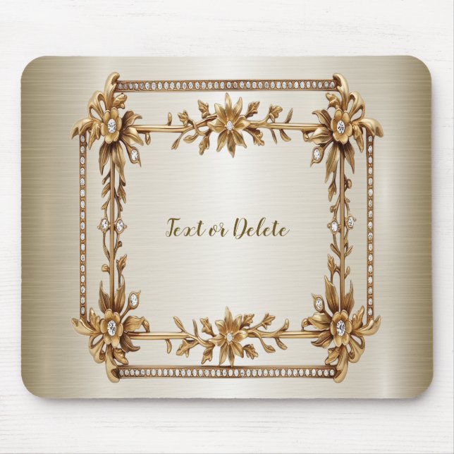 Mousepad Ouro Retângulo com Flores de Dimond Brilhantes (Frente)