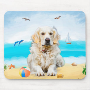 Mousepad Ouro Retriever Dog na praia